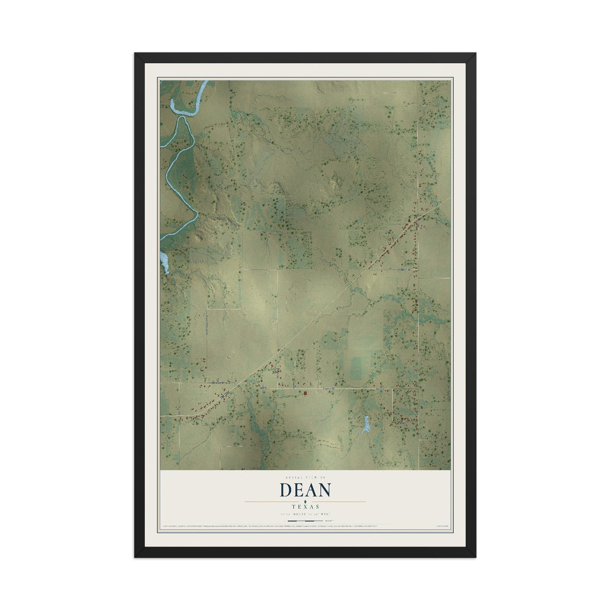 Map of Dean, Texas, 12 x 18 inch print in a black wood frame
