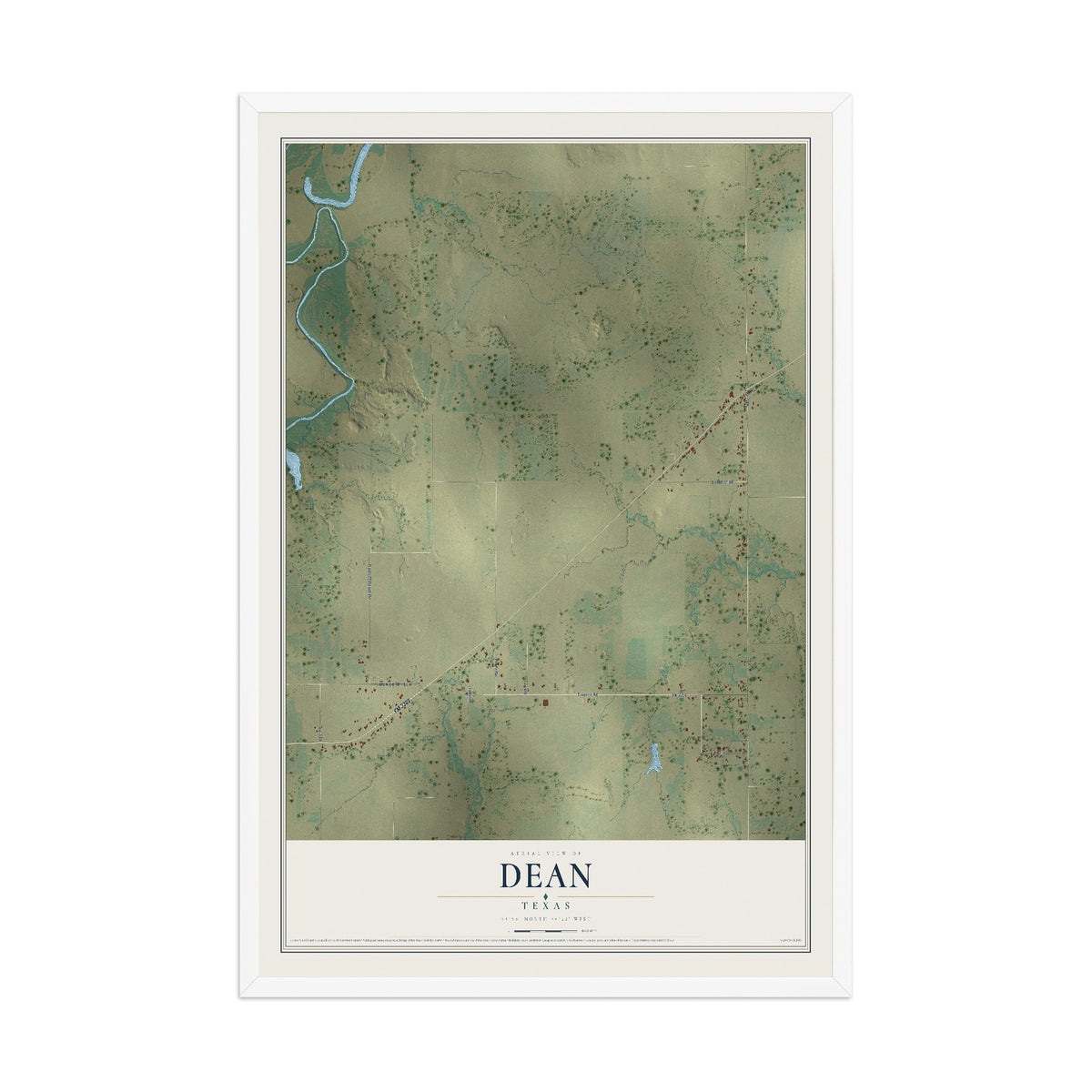 Map of Dean, Texas, 12 x 18 inch print in a white wood frame