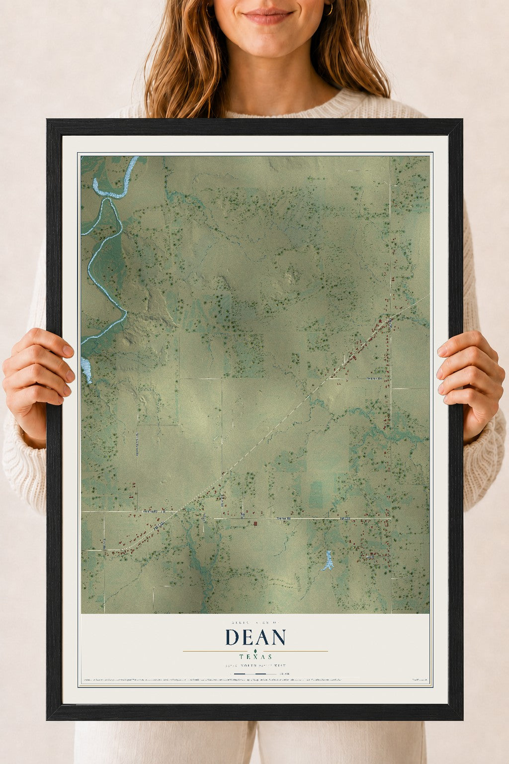 Map of Dean, Texas, 18 x 24 inch print in a black wood frame