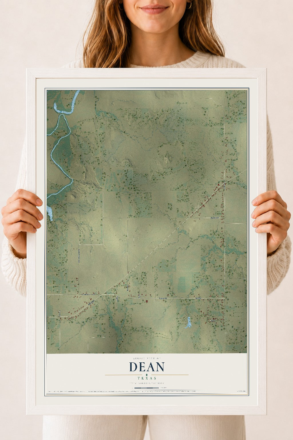 Map of Dean, Texas, 18 x 24 inch print in a white wood frame