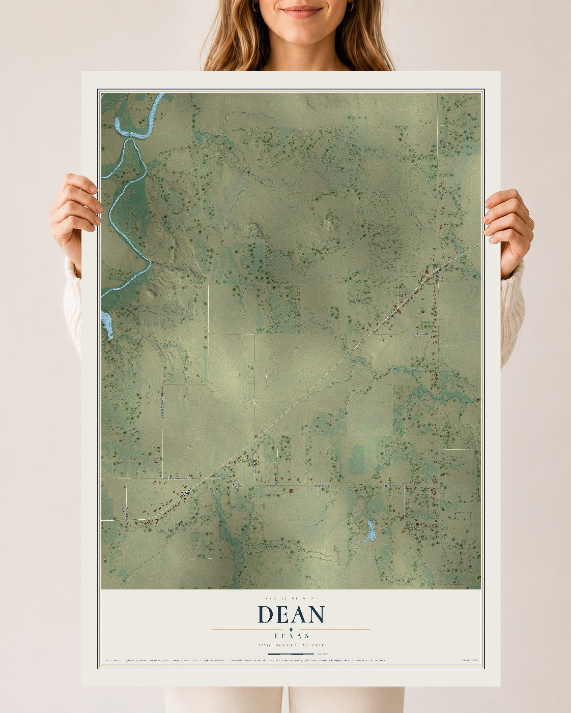 Map of Dean, Texas, 24 x 36 inch unframed archival matte print