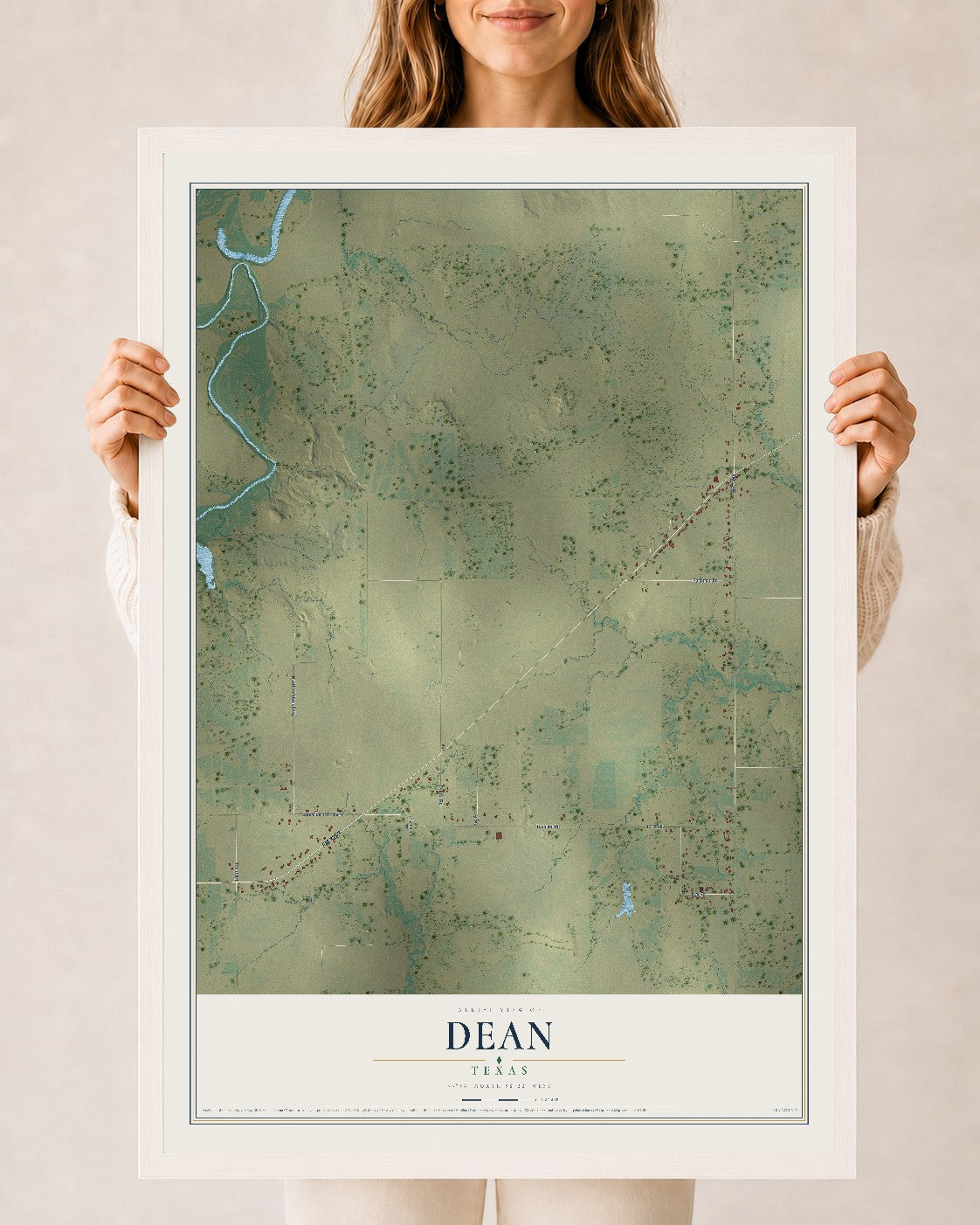 Map of Dean, Texas, 24 x 36 inch print in a white wood frame