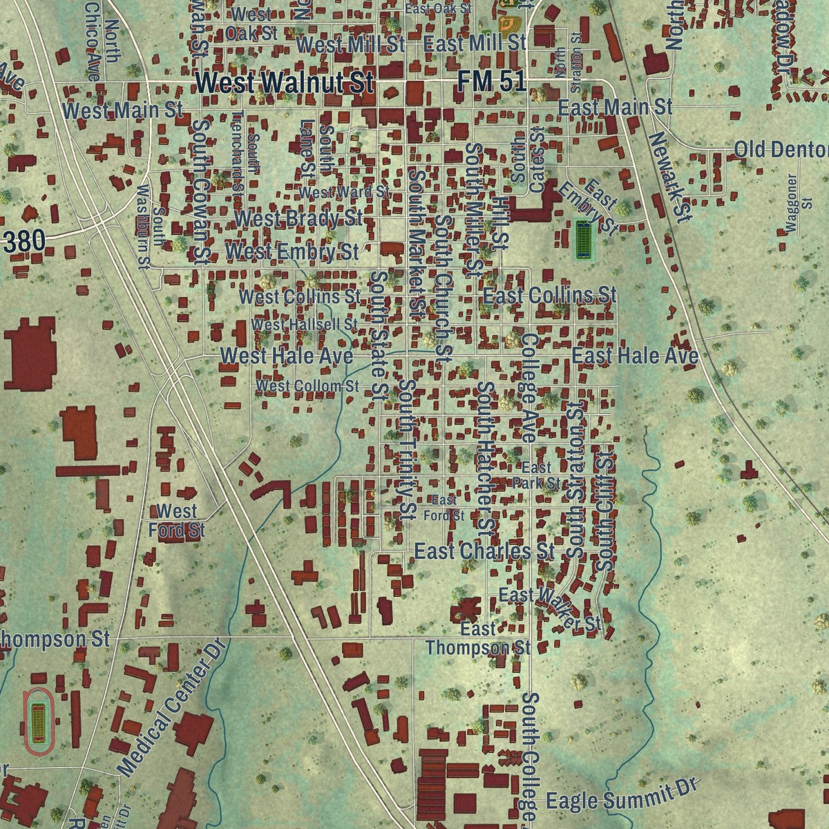 Close-up of the map of Decatur, Texas print showing street and building detail