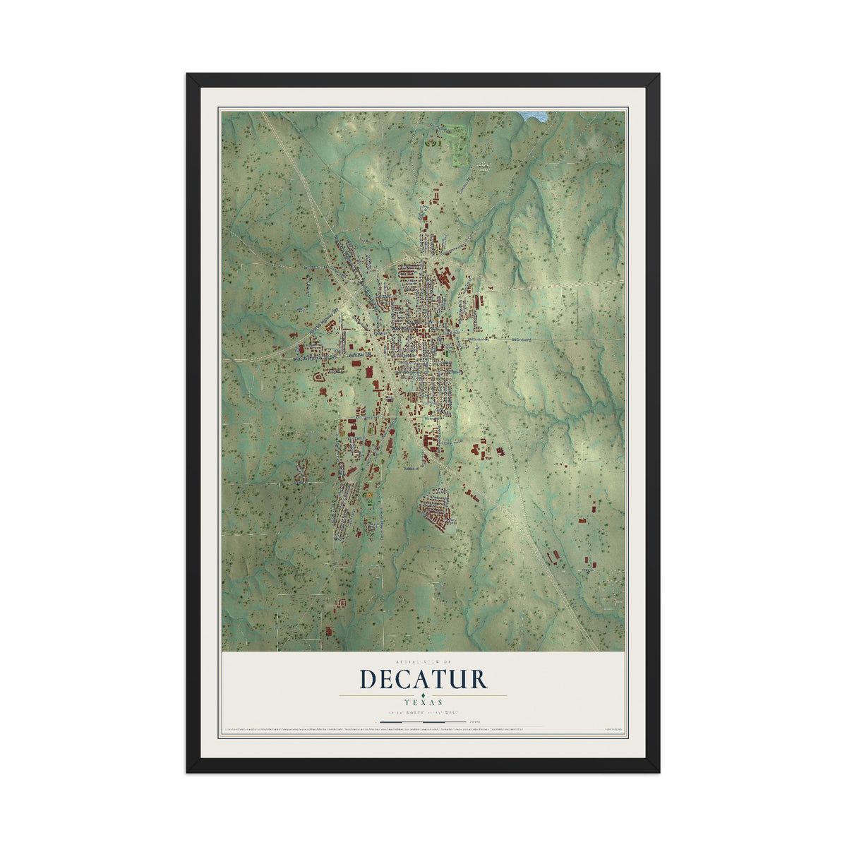 Map of Decatur, Texas, 12 x 18 inch print in a black wood frame