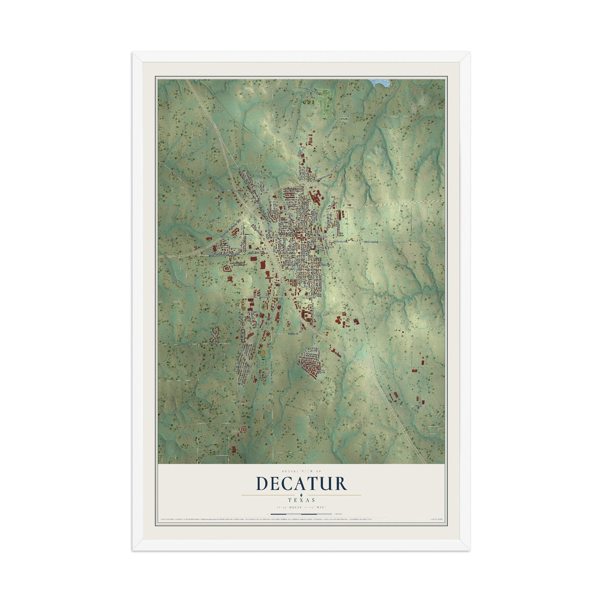 Map of Decatur, Texas, 12 x 18 inch print in a white wood frame