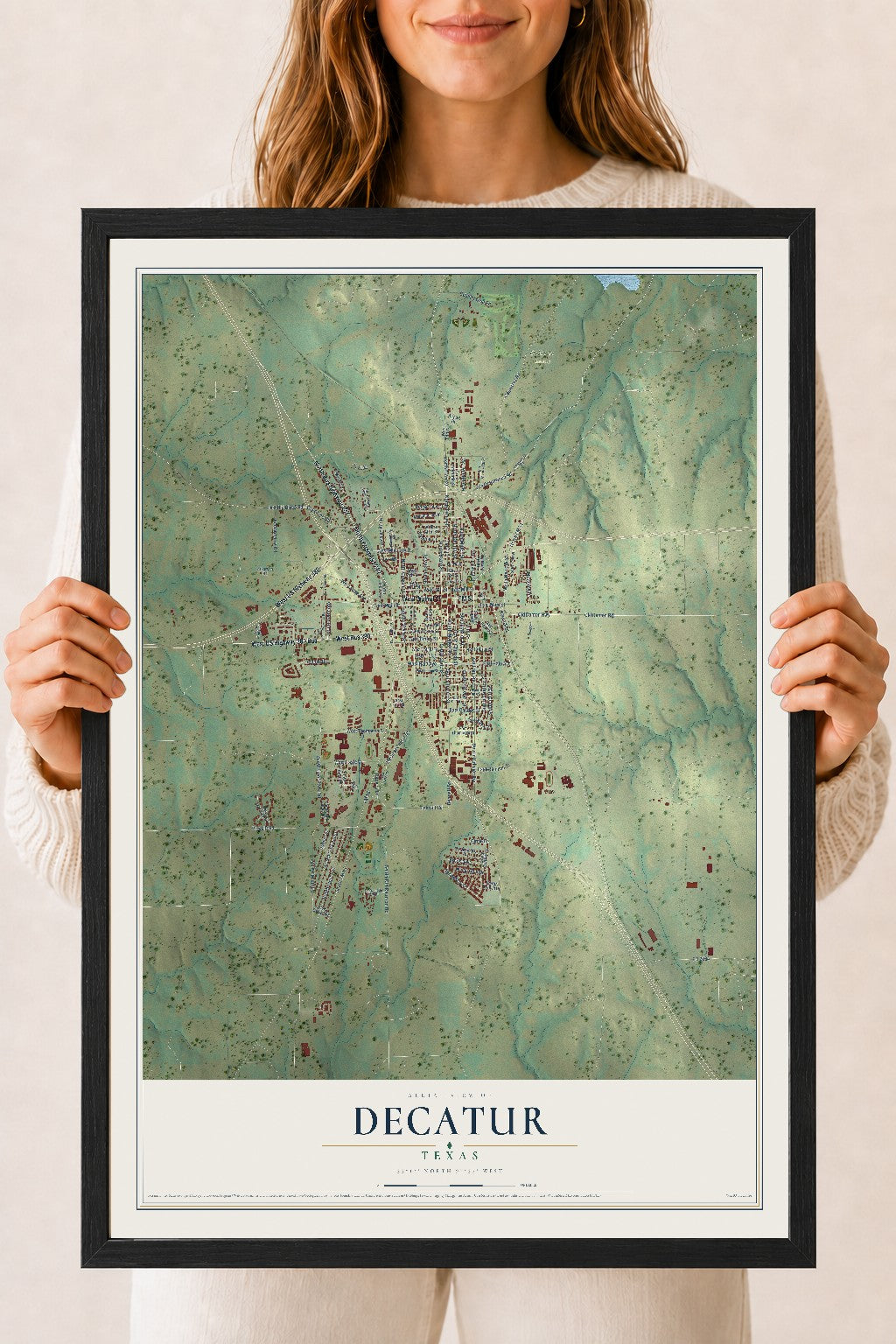 Map of Decatur, Texas, 18 x 24 inch print in a black wood frame