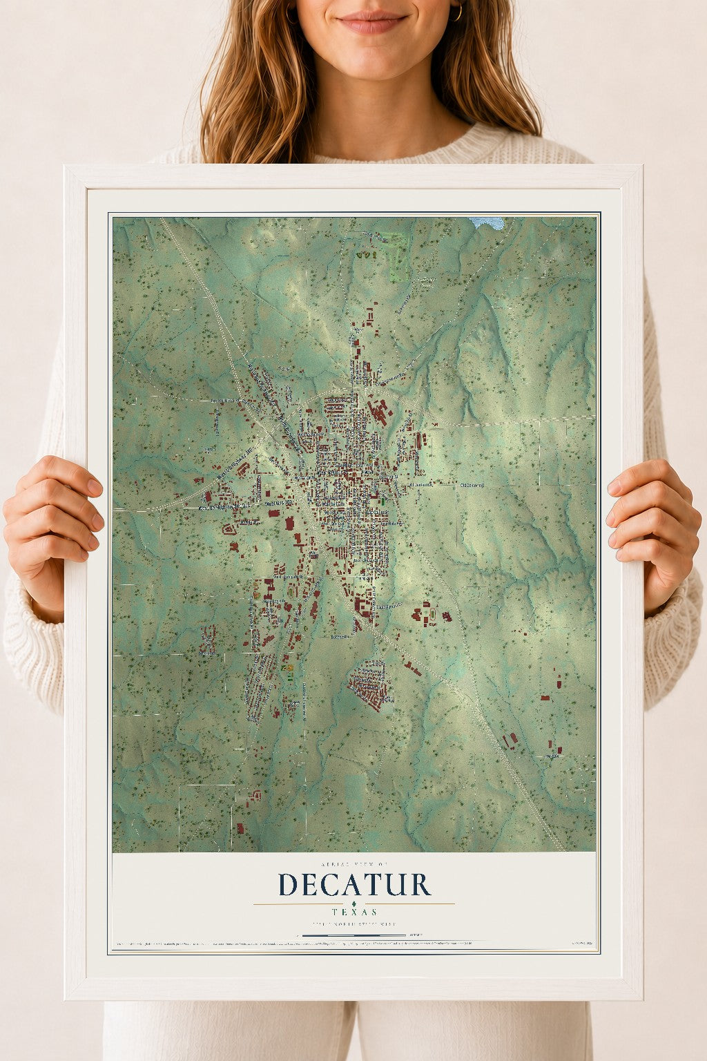 Map of Decatur, Texas, 18 x 24 inch print in a white wood frame