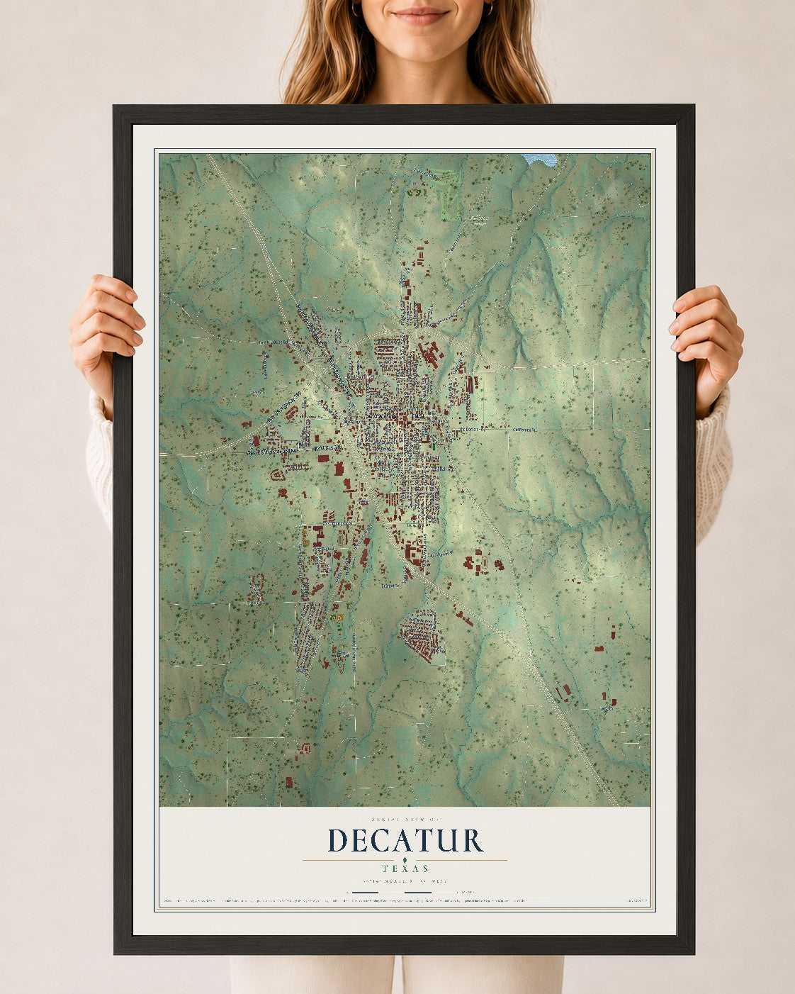 Map of Decatur, Texas, 24 x 36 inch print in a black wood frame
