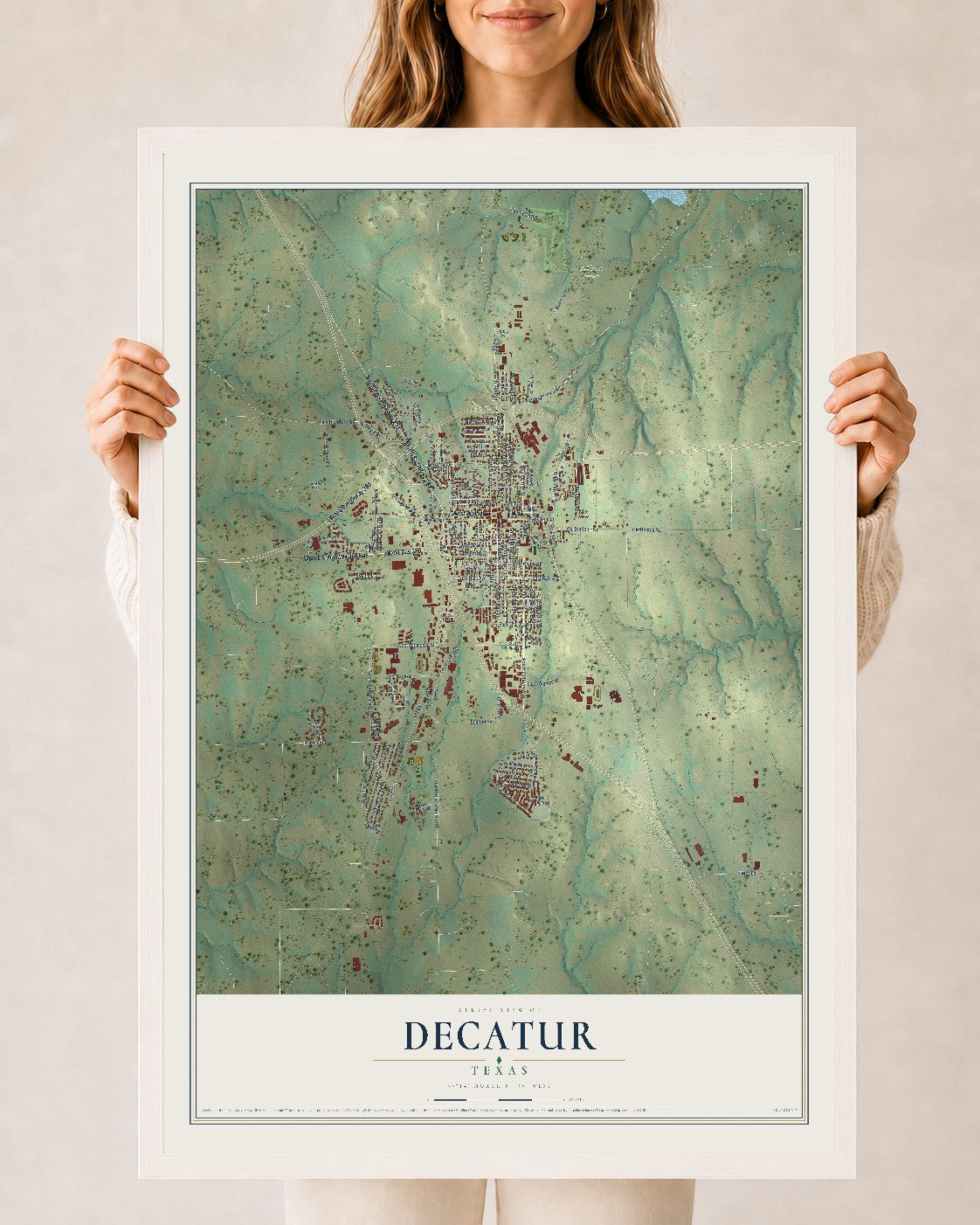 Map of Decatur, Texas, 24 x 36 inch print in a white wood frame