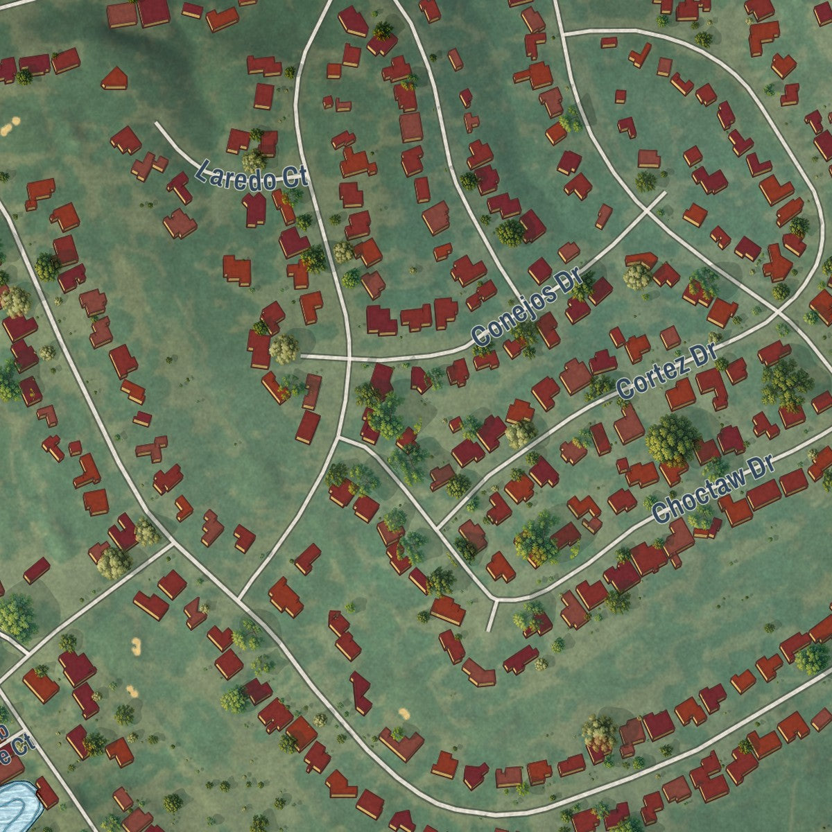 Second close-up of the map of DeCordova, Texas print showing more streets and buildings