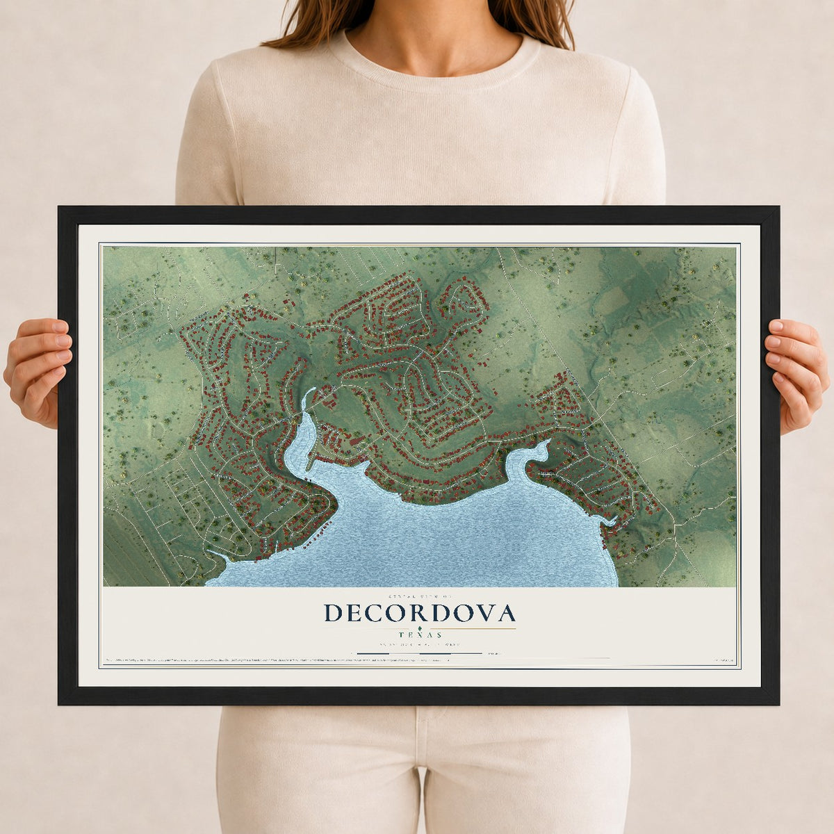 Map of DeCordova, Texas, 12 x 18 inch print in a black wood frame