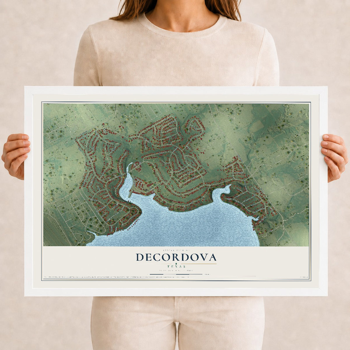 Map of DeCordova, Texas, 12 x 18 inch print in a white wood frame