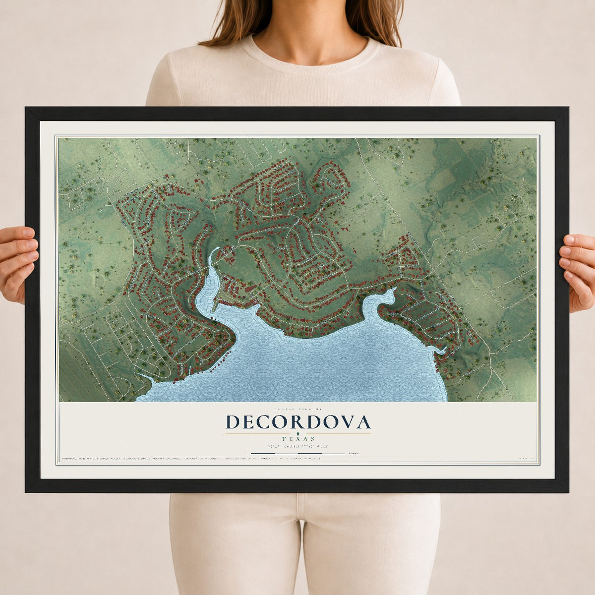 Map of DeCordova, Texas, 18 x 24 inch print in a black wood frame