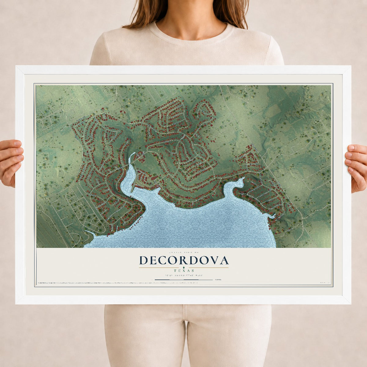 Map of DeCordova, Texas, 18 x 24 inch print in a white wood frame