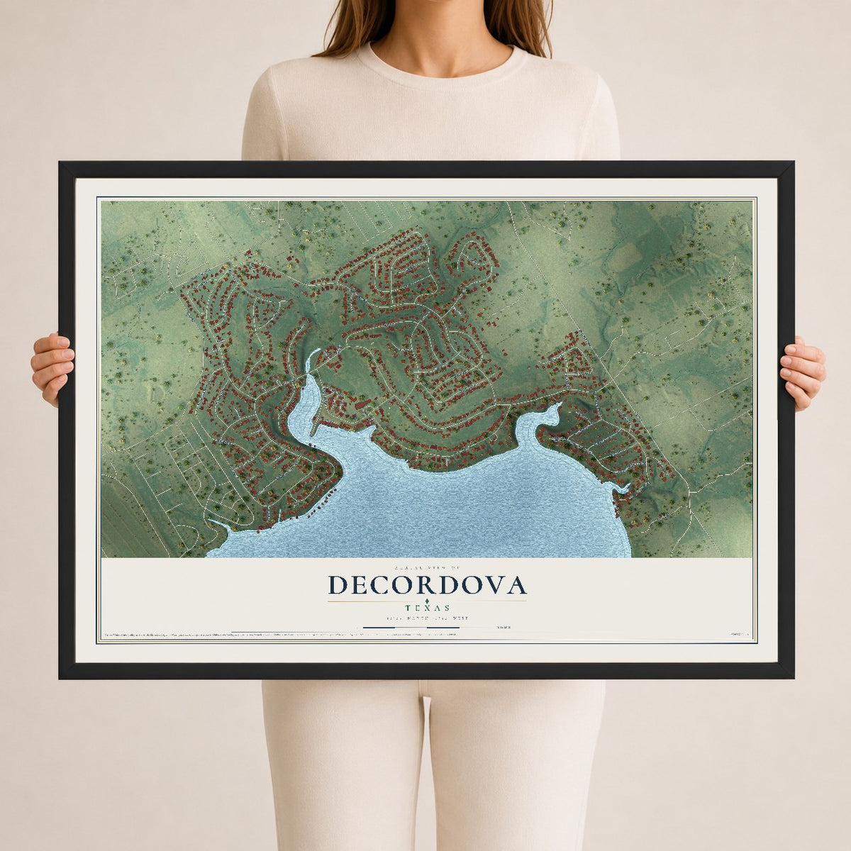 Map of DeCordova, Texas, 24 x 36 inch print in a black wood frame