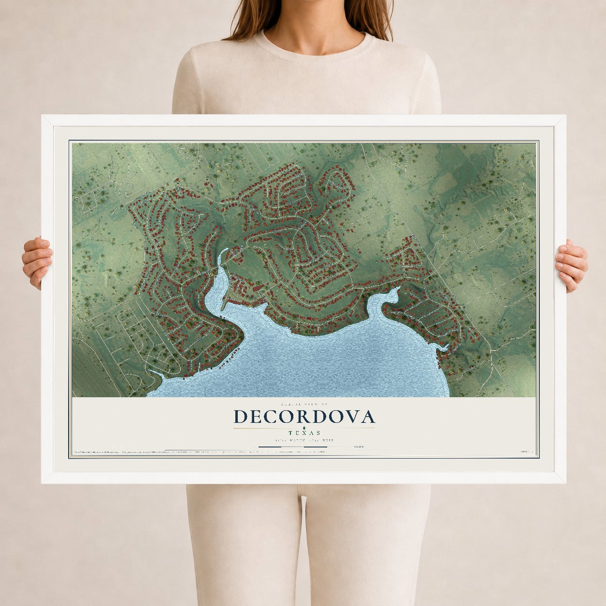 Map of DeCordova, Texas, 24 x 36 inch print in a white wood frame