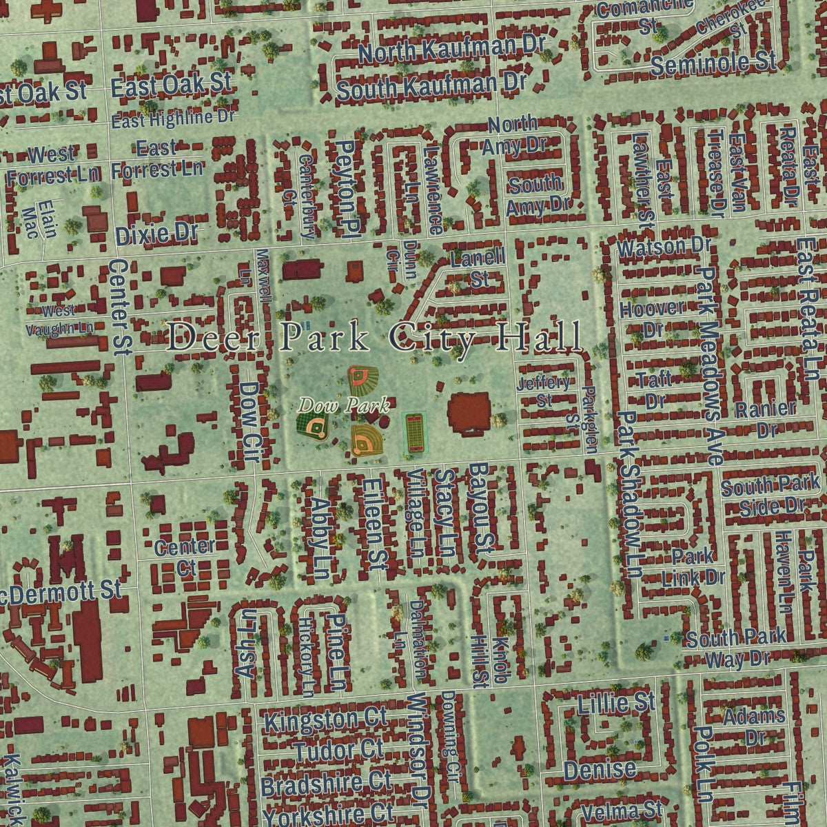 Close-up of the map of Deer Park, Texas print showing street and building detail