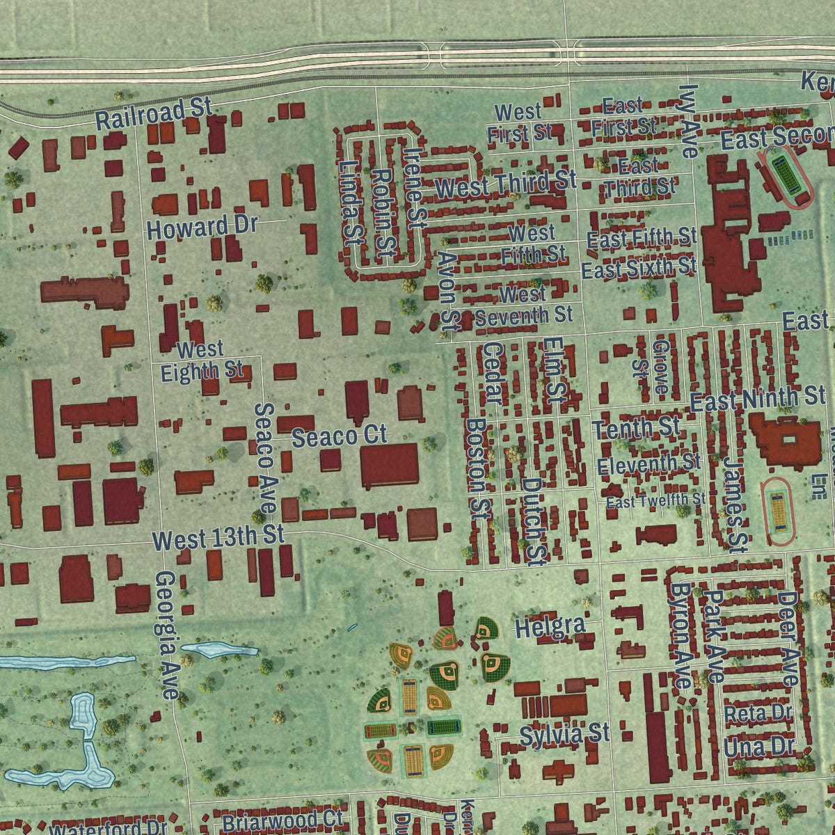 Second close-up of the map of Deer Park, Texas print showing more streets and buildings
