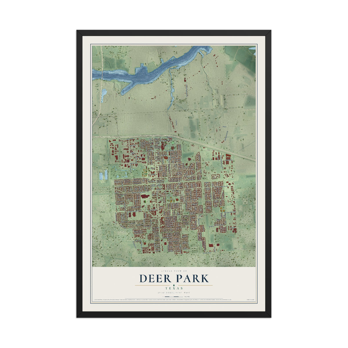 Map of Deer Park, Texas, 12 x 18 inch print in a black wood frame