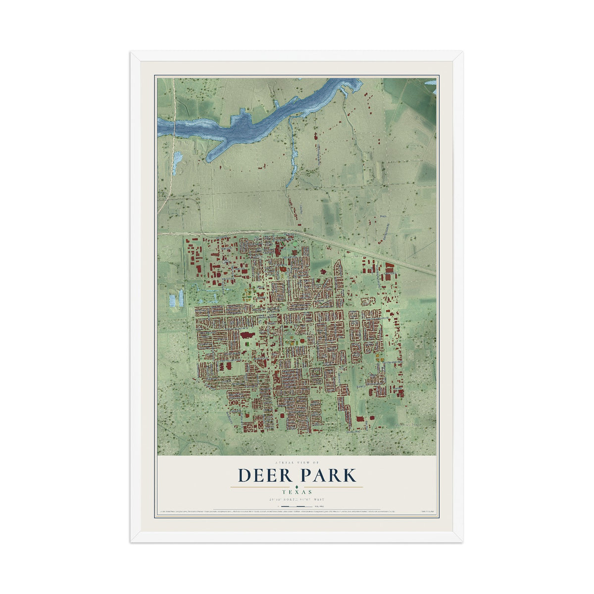 Map of Deer Park, Texas, 12 x 18 inch print in a white wood frame