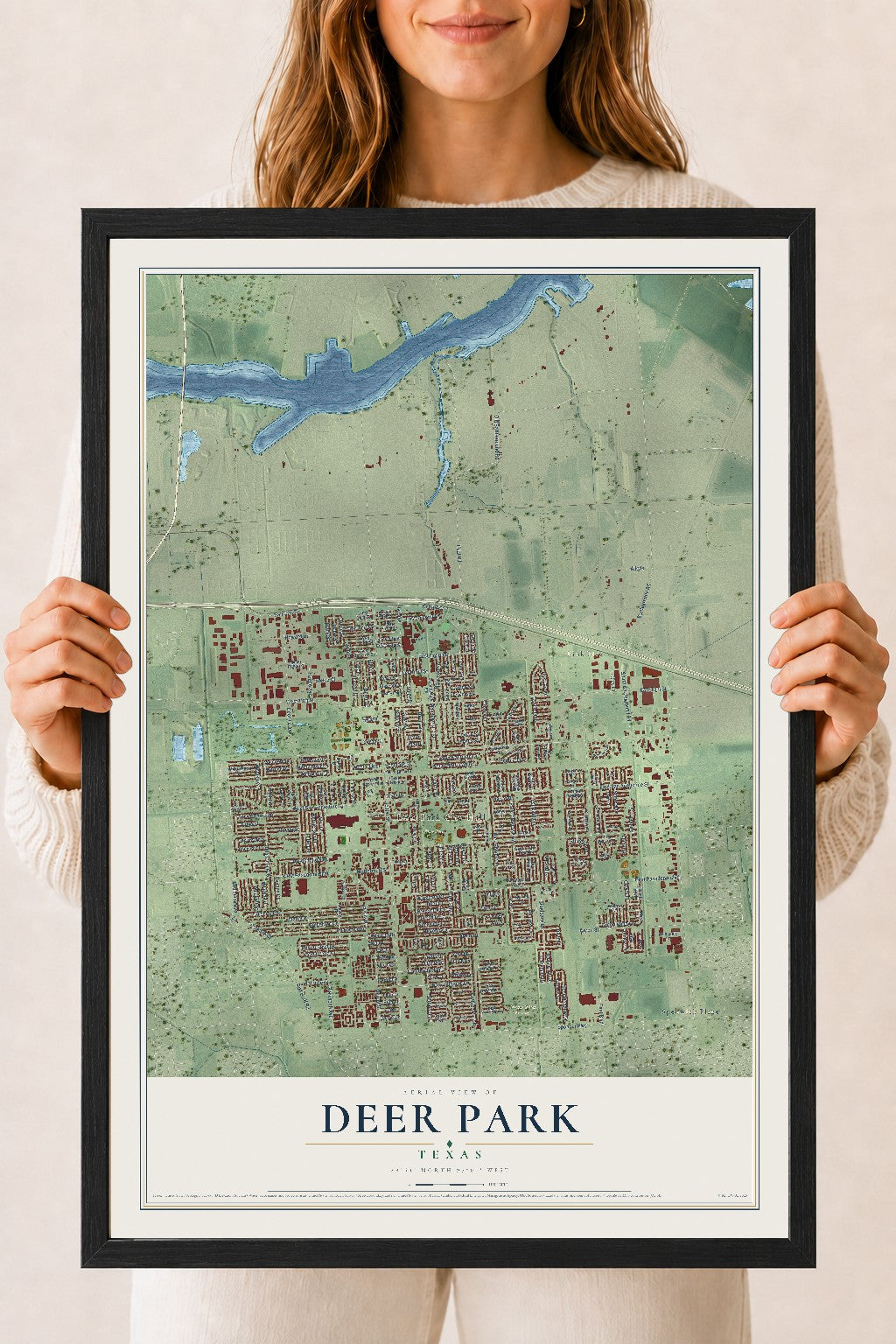 Map of Deer Park, Texas, 18 x 24 inch print in a black wood frame