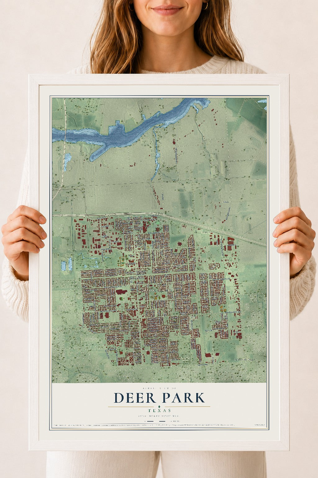 Map of Deer Park, Texas, 18 x 24 inch print in a white wood frame