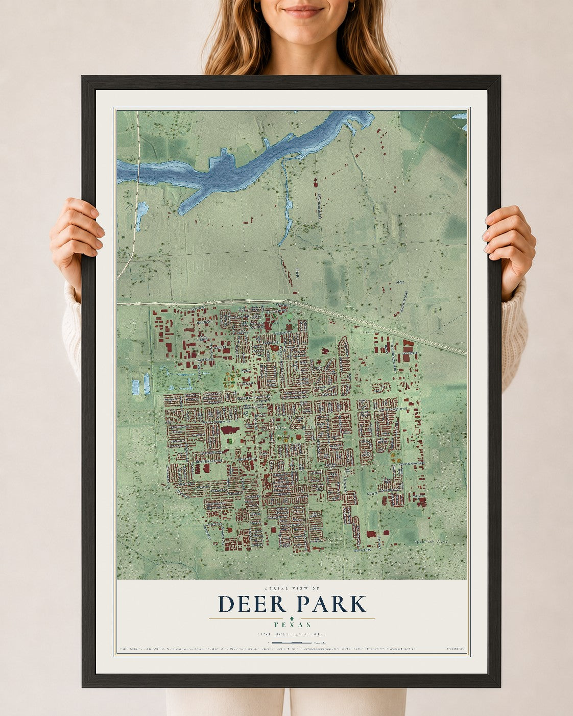 Map of Deer Park, Texas, 24 x 36 inch print in a black wood frame