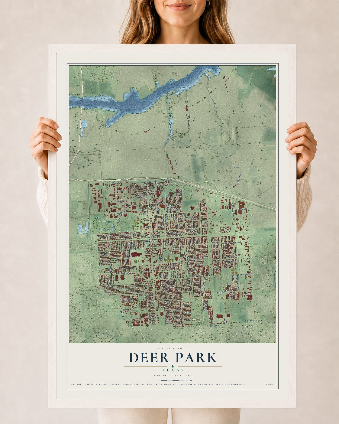 Map of Deer Park, Texas, 24 x 36 inch print in a white wood frame