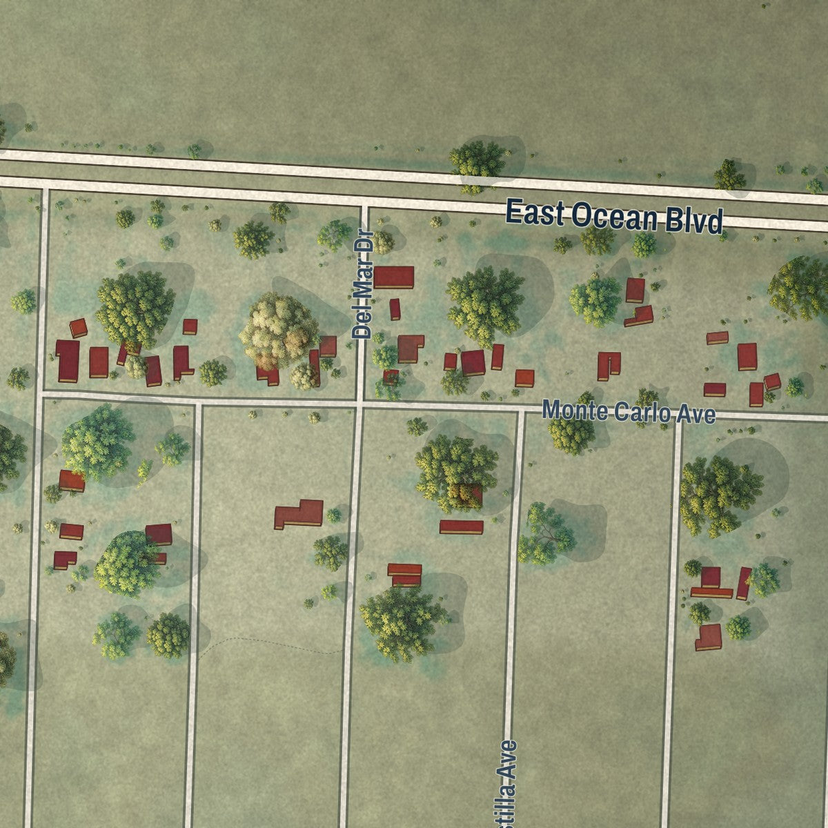Close-up of the map of Del Mar Heights, Texas print showing street and building detail