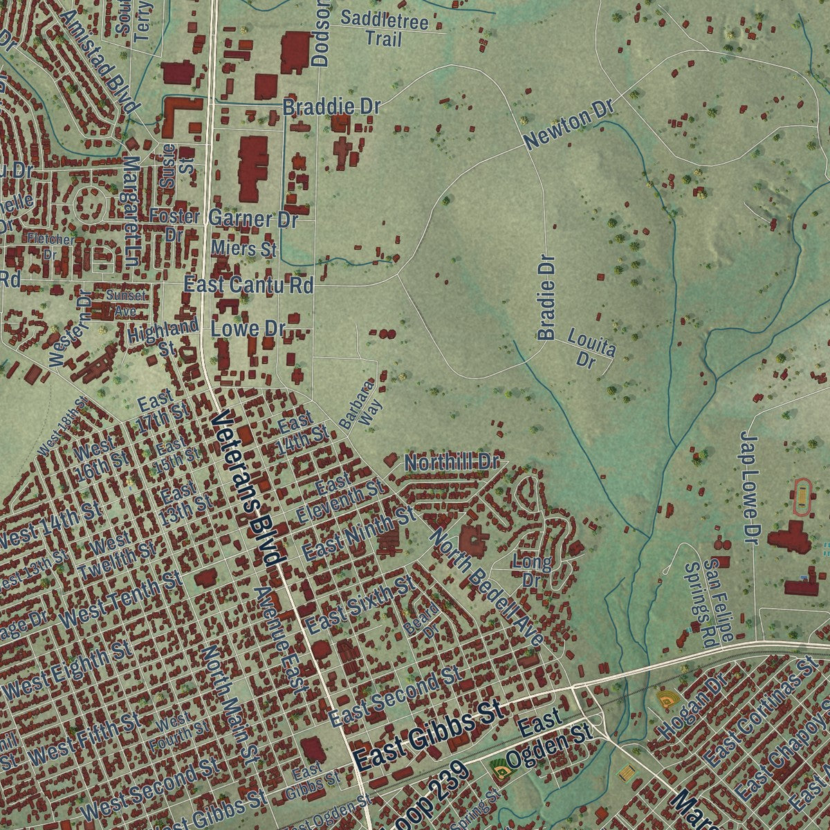 Close-up of the map of Del Rio, Texas print showing street and building detail