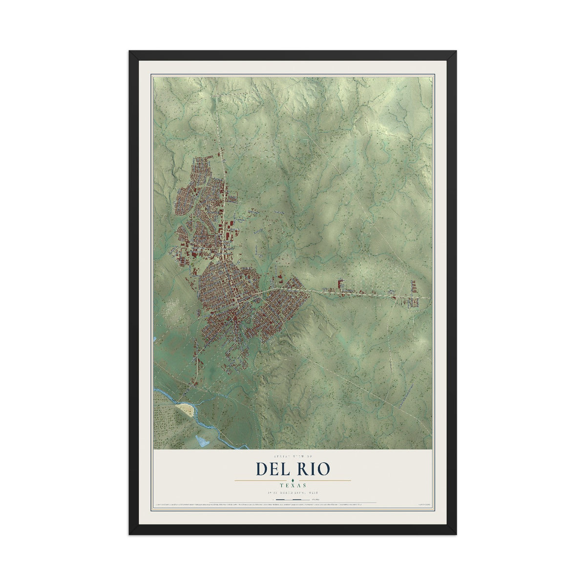Map of Del Rio, Texas, 12 x 18 inch print in a black wood frame