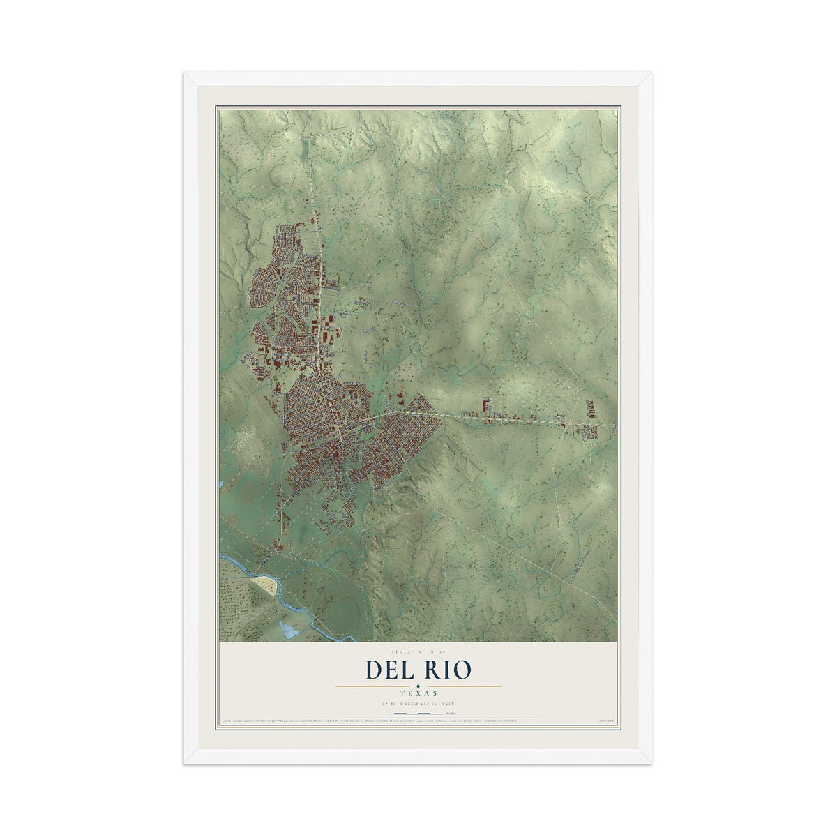 Map of Del Rio, Texas, 12 x 18 inch print in a white wood frame