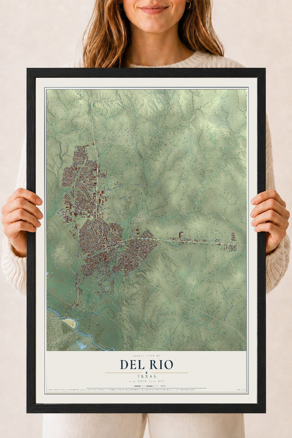 Map of Del Rio, Texas, 18 x 24 inch print in a black wood frame