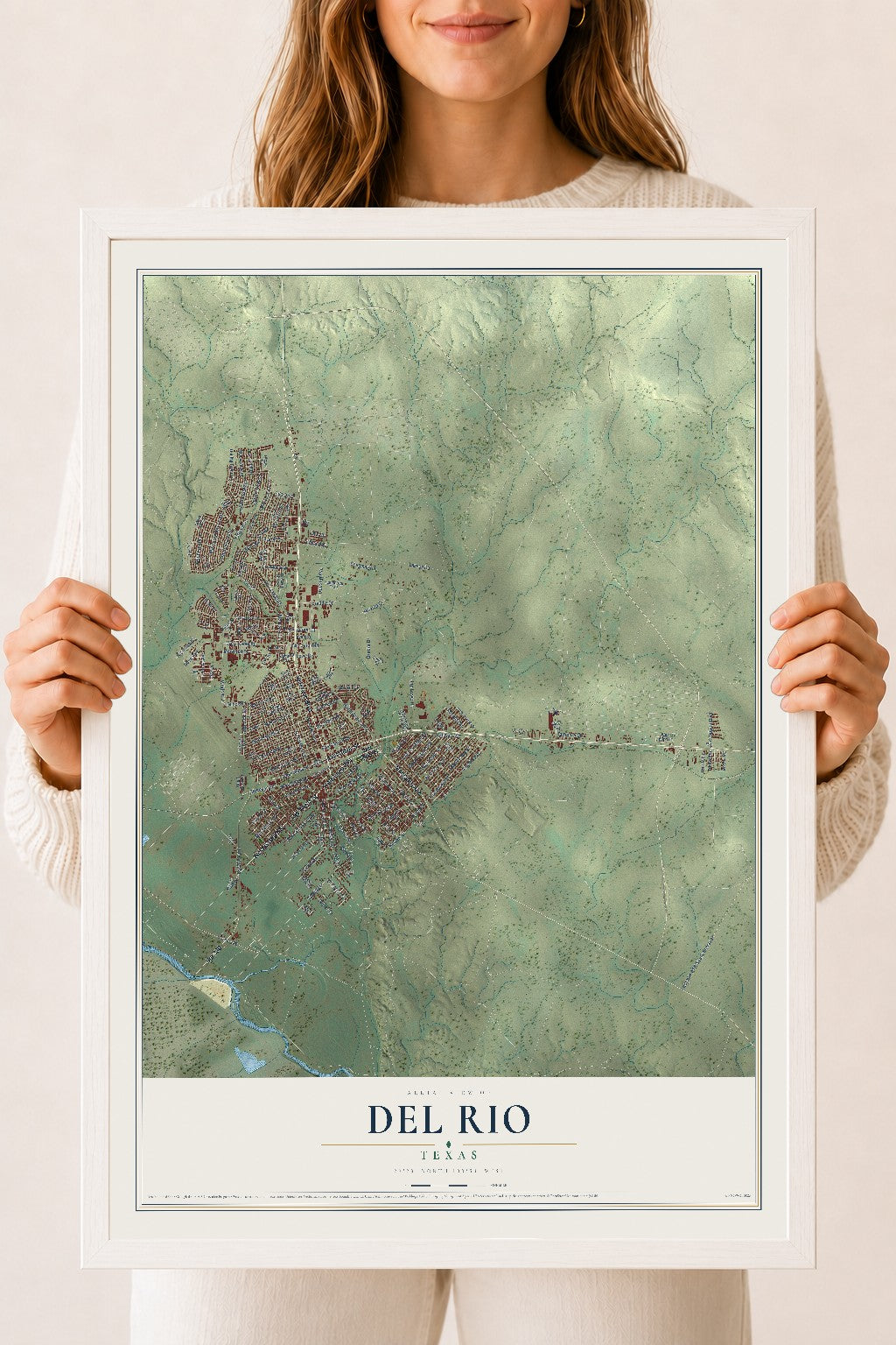Map of Del Rio, Texas, 18 x 24 inch print in a white wood frame