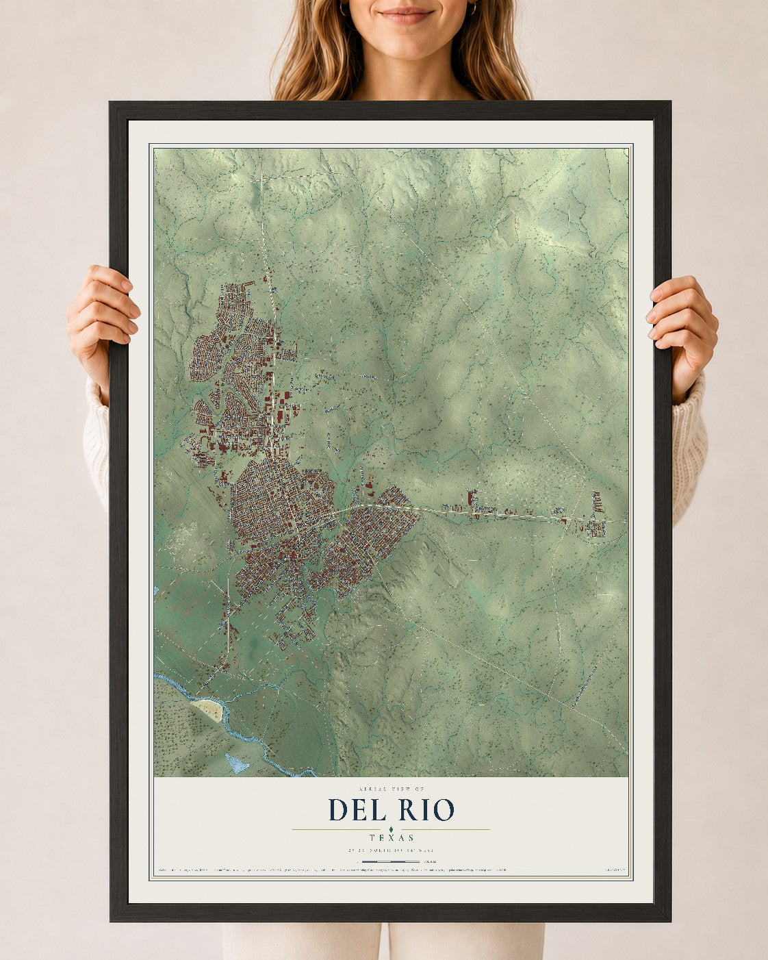 Map of Del Rio, Texas, 24 x 36 inch print in a black wood frame