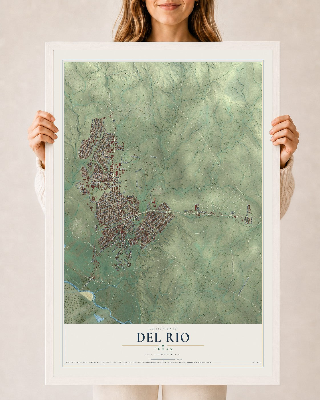 Map of Del Rio, Texas, 24 x 36 inch print in a white wood frame