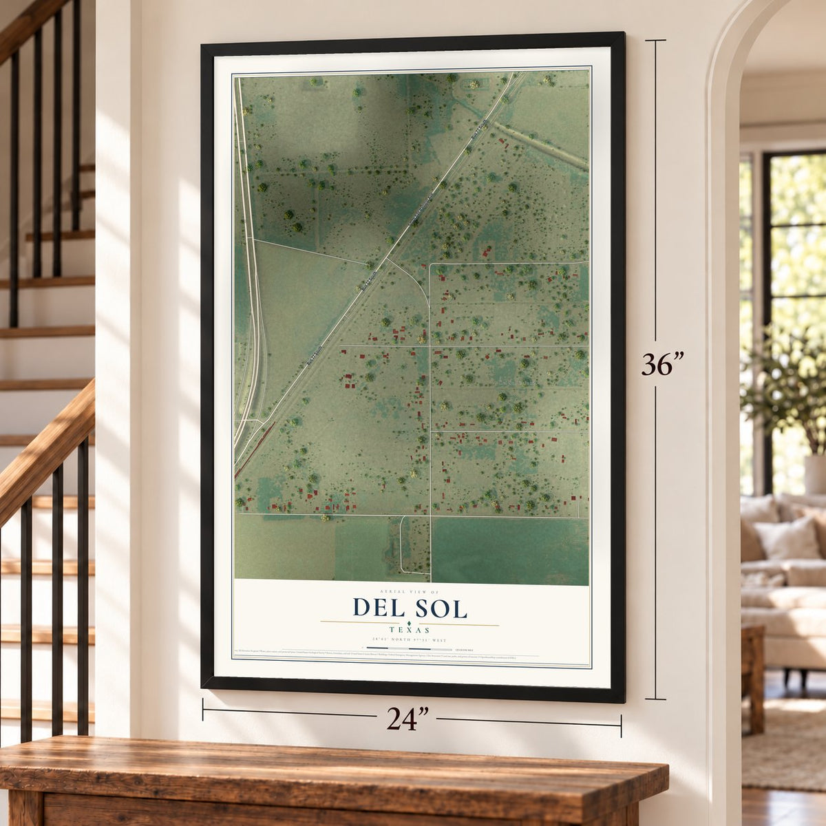 Del Sol, Texas map, 24 x 36 inch print in a black frame by a staircase