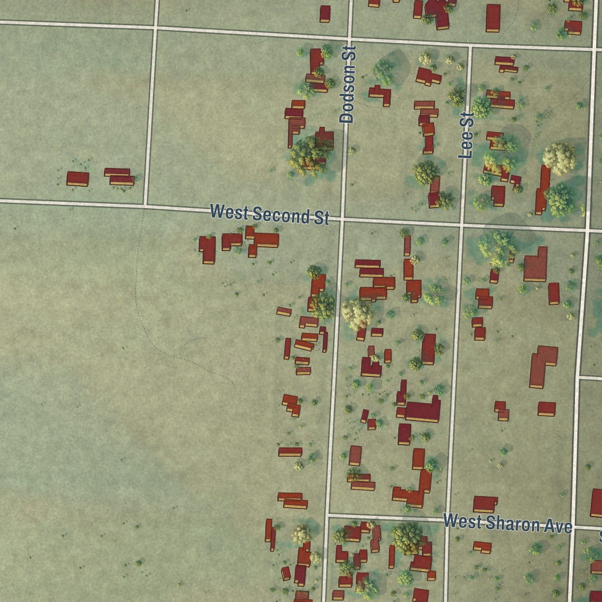 Close-up of the map of Dell City, Texas print showing street and building detail