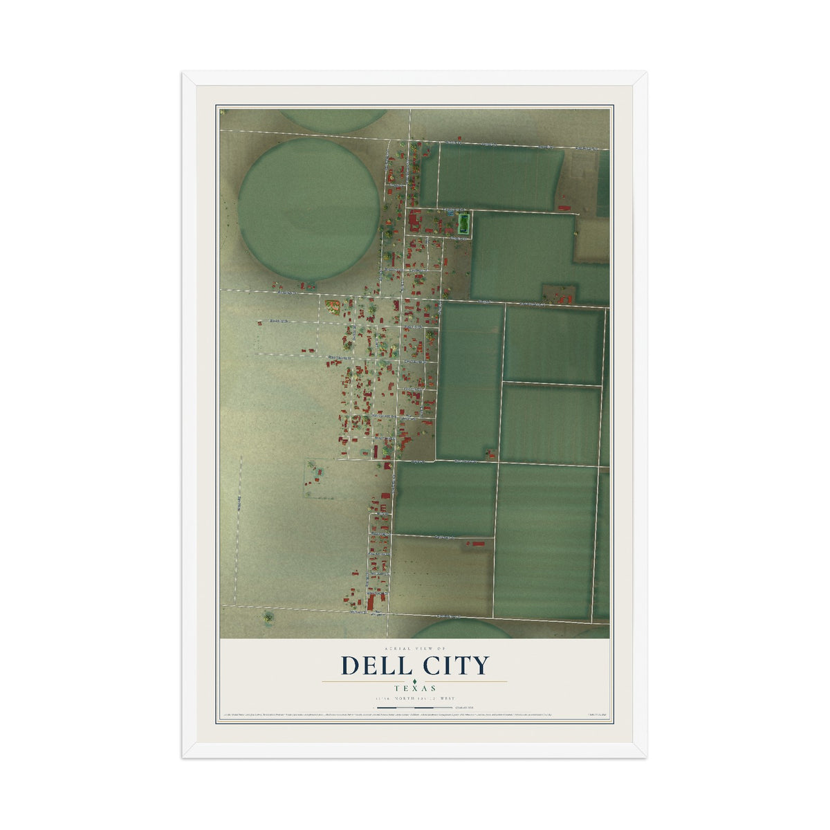 Map of Dell City, Texas, 12 x 18 inch print in a white wood frame