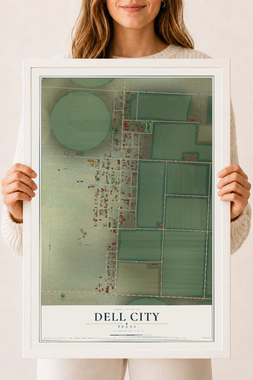 Map of Dell City, Texas, 18 x 24 inch print in a white wood frame