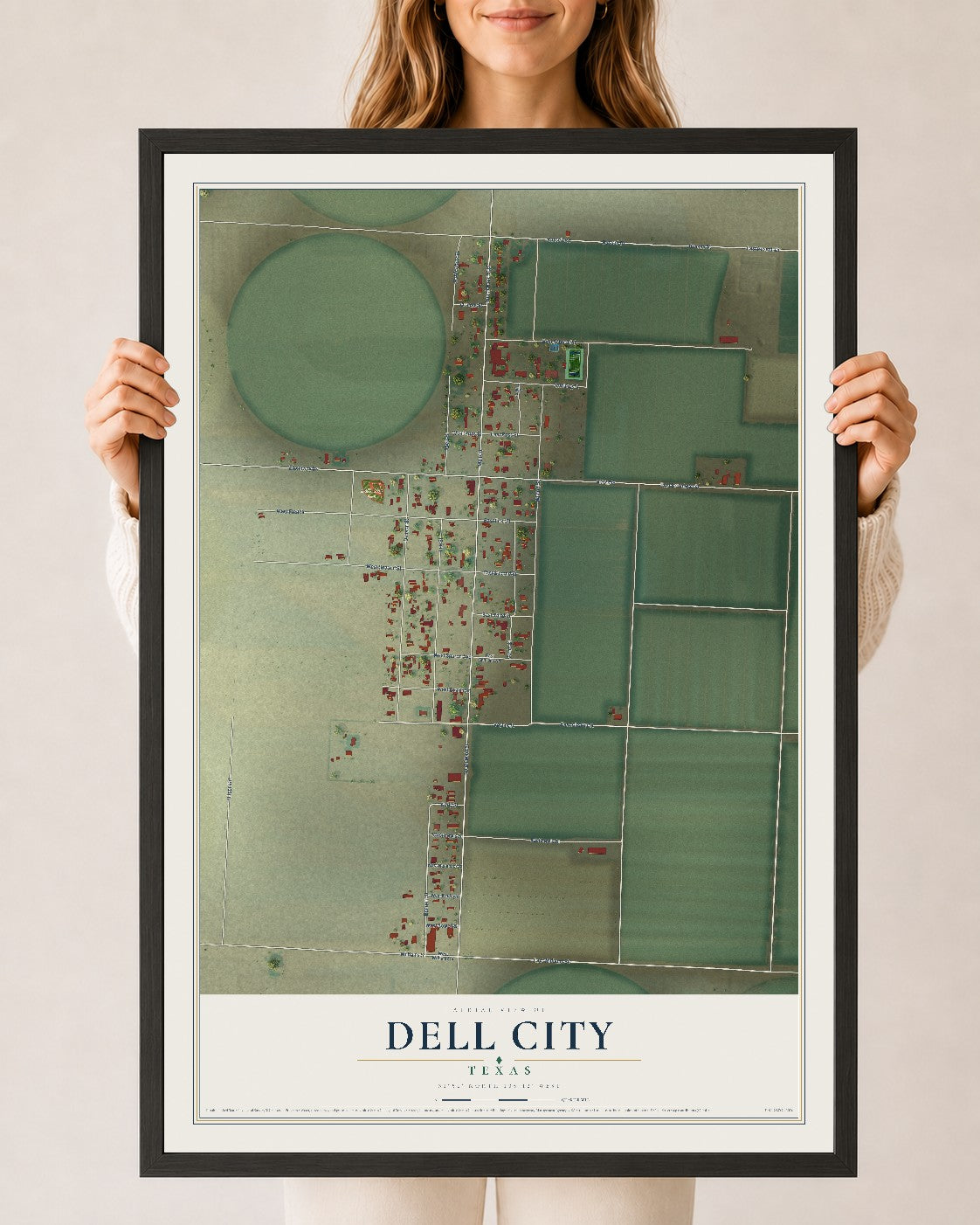 Map of Dell City, Texas, 24 x 36 inch print in a black wood frame