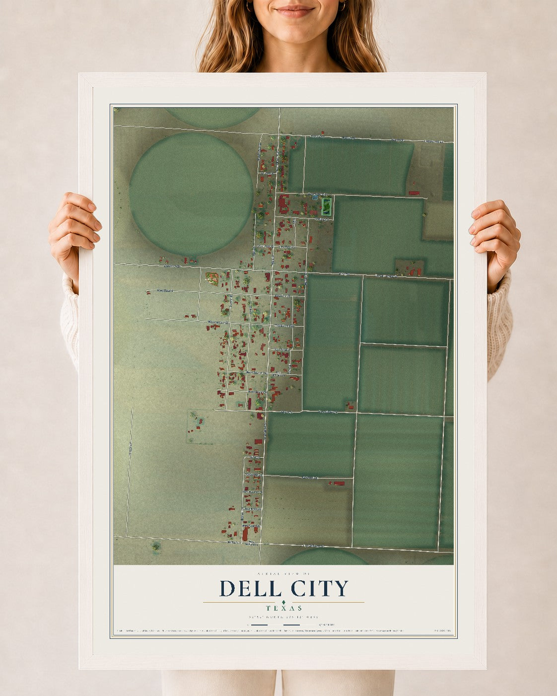 Map of Dell City, Texas, 24 x 36 inch print in a white wood frame