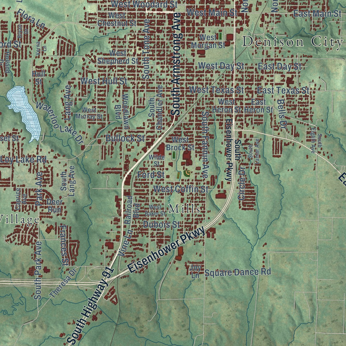 Close-up of the map of Denison, Texas print showing street and building detail