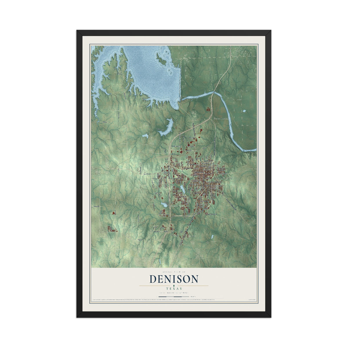 Map of Denison, Texas, 12 x 18 inch print in a black wood frame