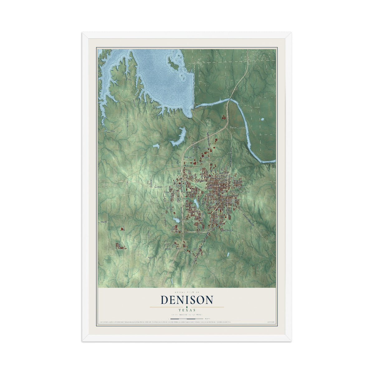 Map of Denison, Texas, 12 x 18 inch print in a white wood frame