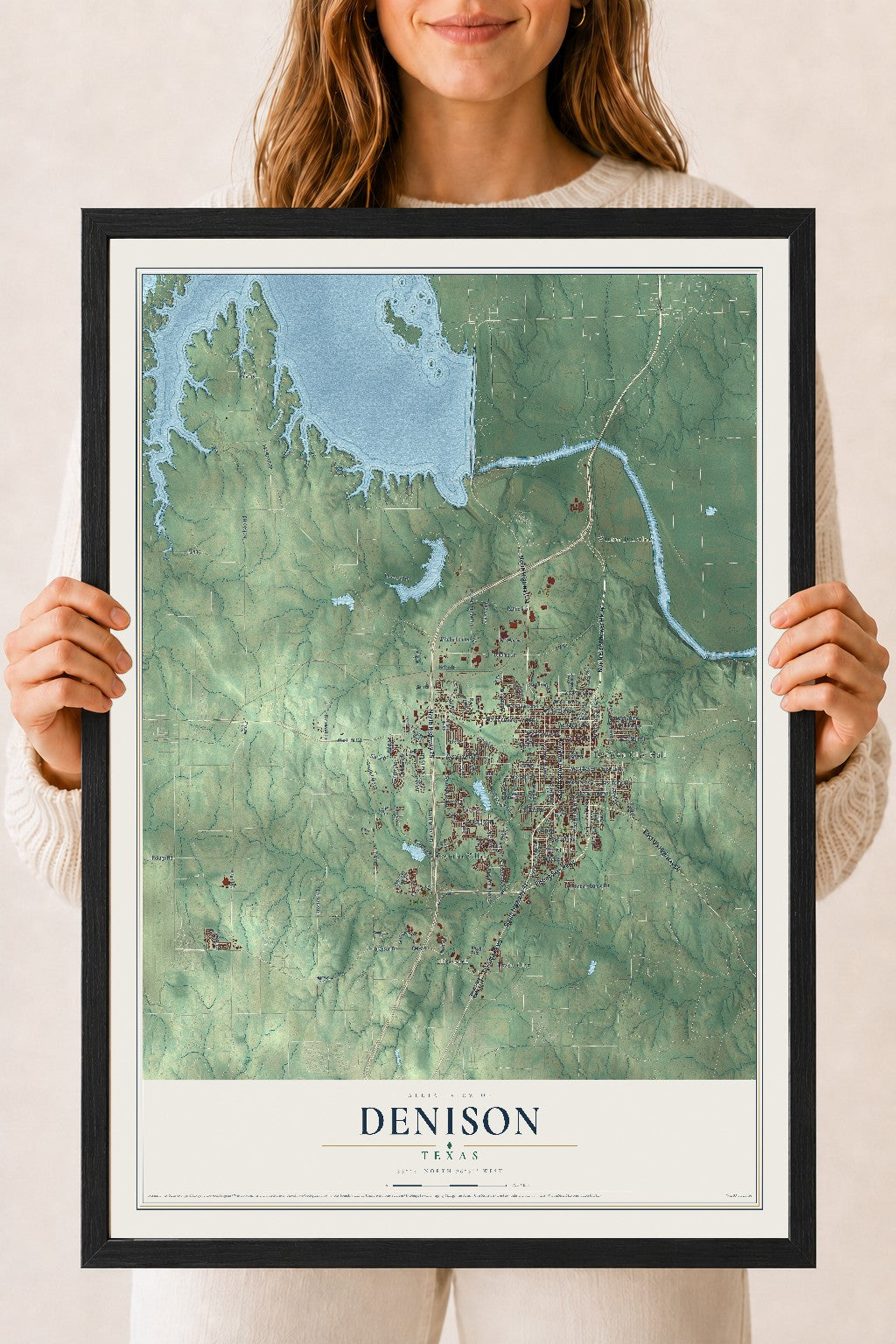 Map of Denison, Texas, 18 x 24 inch print in a black wood frame