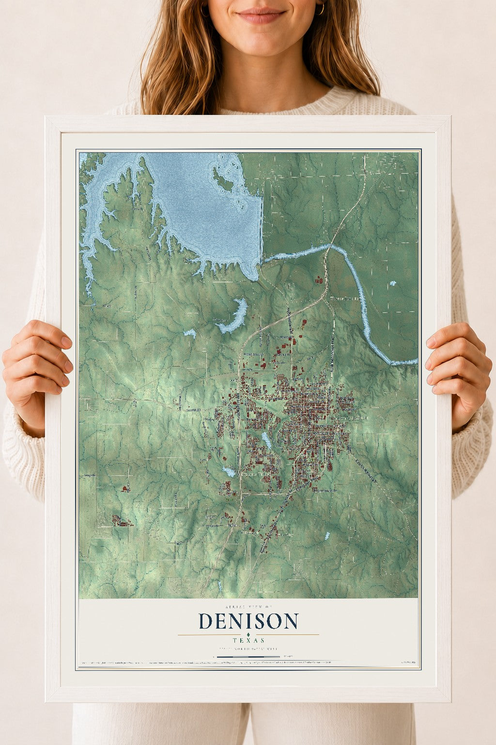 Map of Denison, Texas, 18 x 24 inch print in a white wood frame