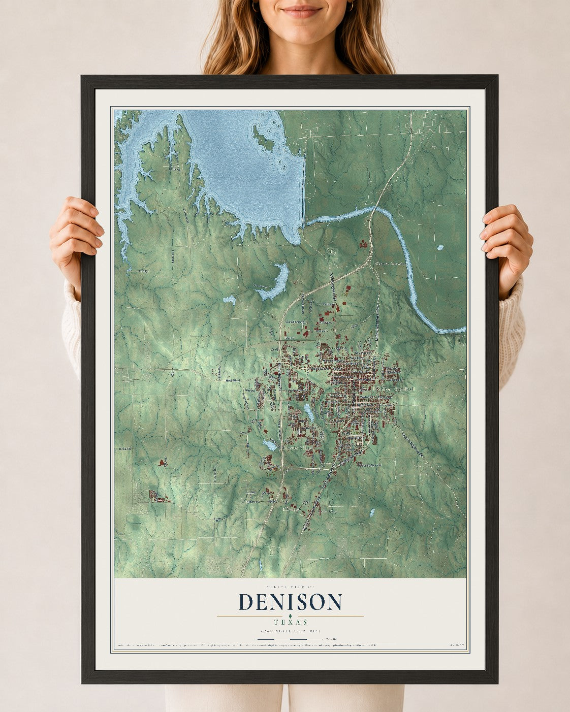 Map of Denison, Texas, 24 x 36 inch print in a black wood frame