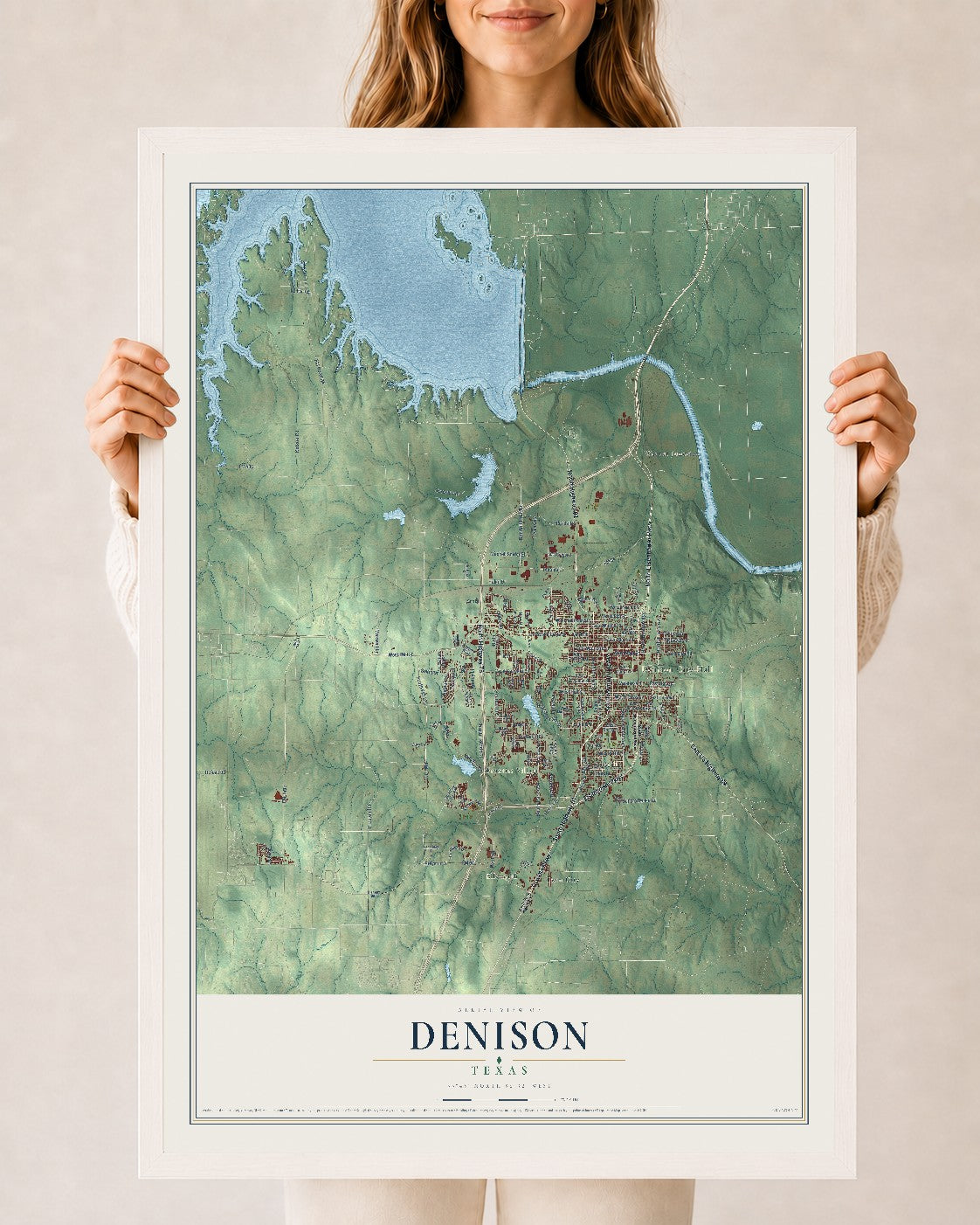 Map of Denison, Texas, 24 x 36 inch print in a white wood frame