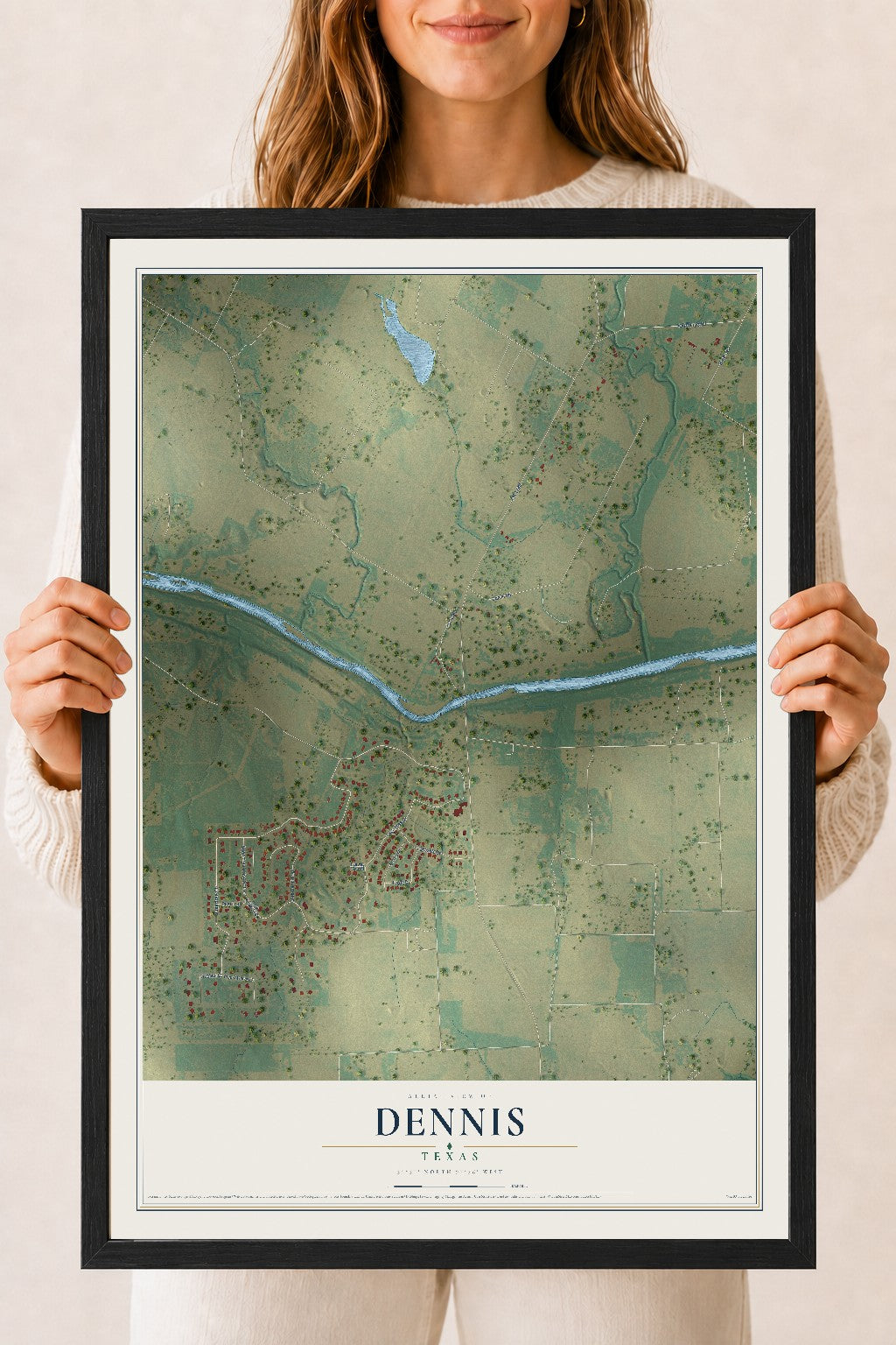 Map of Dennis, Texas, 18 x 24 inch print in a black wood frame